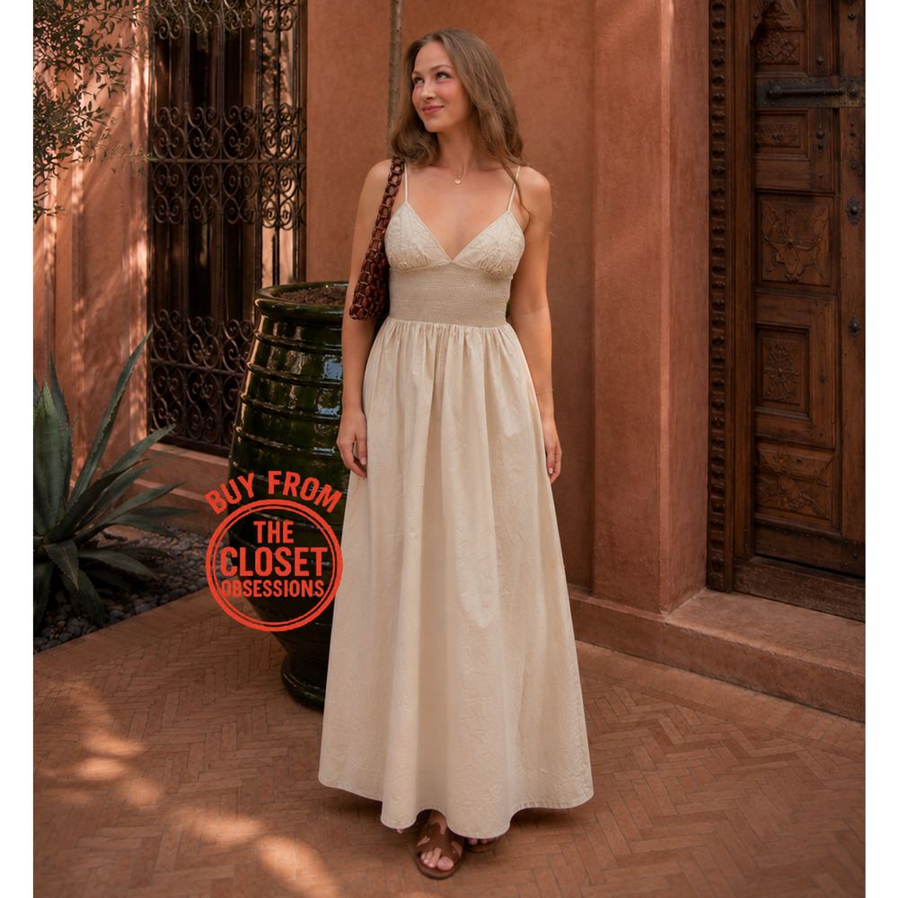 Zara NWT Beige Embroidered Cotton Maxi Dress M L - Picture 10 of 16